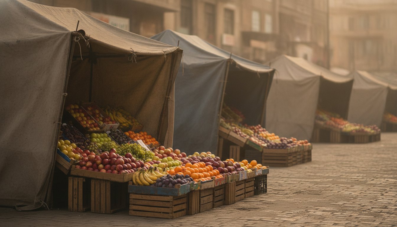 Barracas de lona montadas na rua com caixas de frutas coloridas e pessoas caminhando.