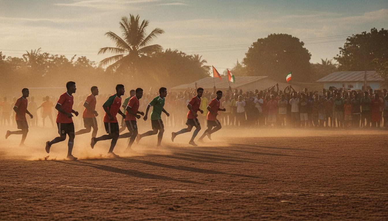 Jogadores com uniformes amadores correm em um campo de terra batida cercado por torcedores locais.
