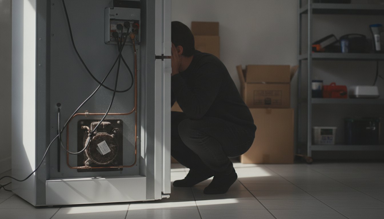 Homem agachado prestando atenção ao som vindo da parte traseira de um refrigerador branco.