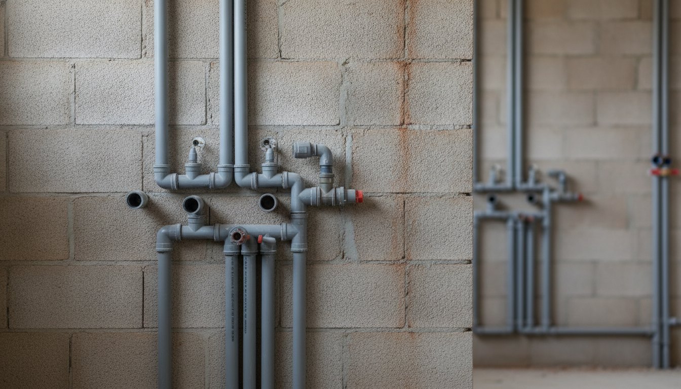 Tubos de PVC expostos em uma parede sem revestimento mostrando conexões hidráulicas.