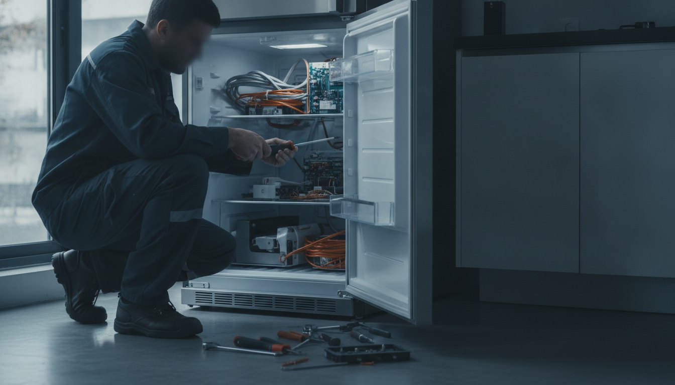 Homem agachado de frente para uma geladeira aberta segurando uma chave de fenda na cozinha.