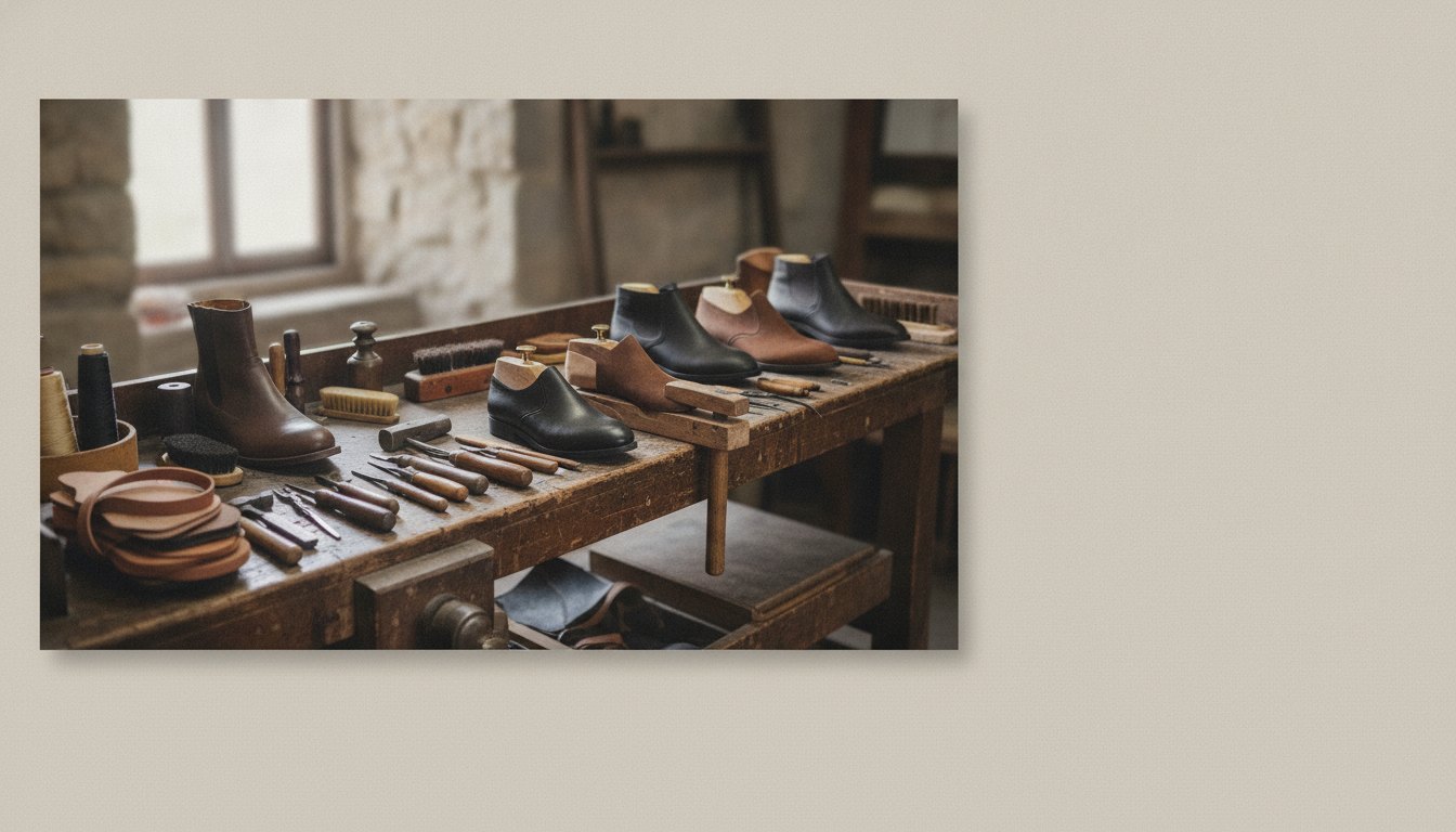 Sapateiro trabalhando em uma bancada de madeira com ferramentas manuais e sapatos de couro.