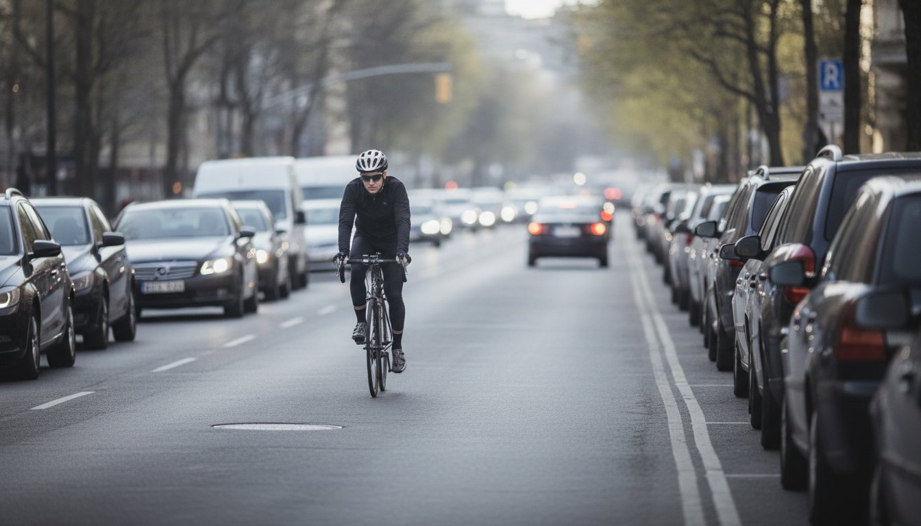 Ciclista com capacete pedala em via urbana movimentada ao lado de carros estacionados.