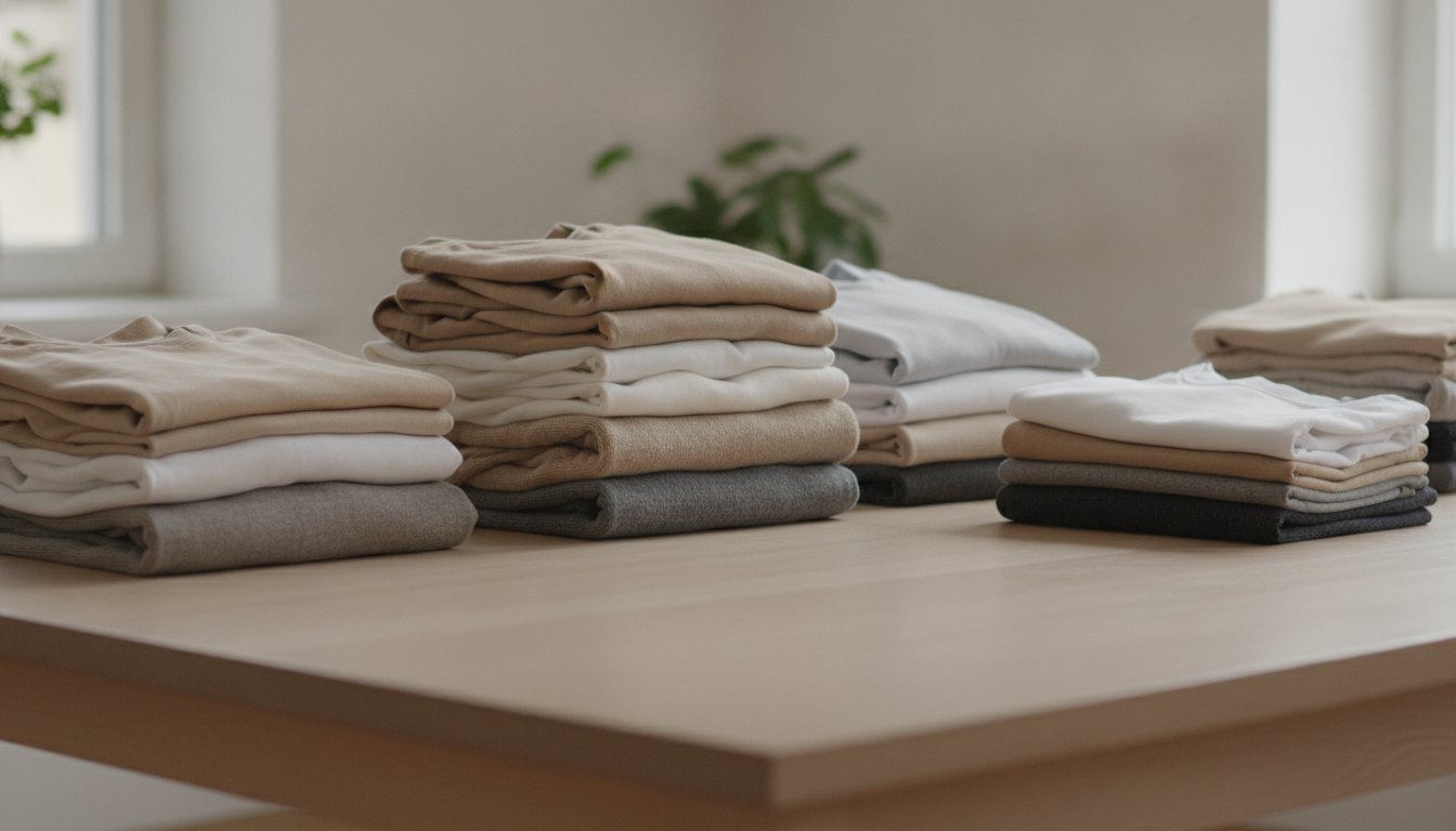 Pilha de roupas dobradas sendo separadas sobre uma mesa de madeira clara.