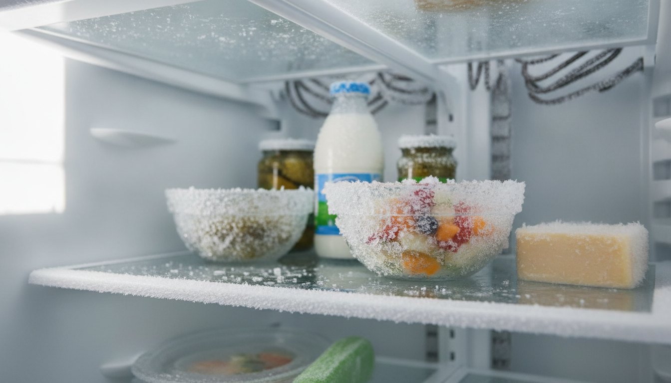Interior de uma geladeira com prateleiras de vidro e alimentos parcialmente cobertos por cristais de gelo.