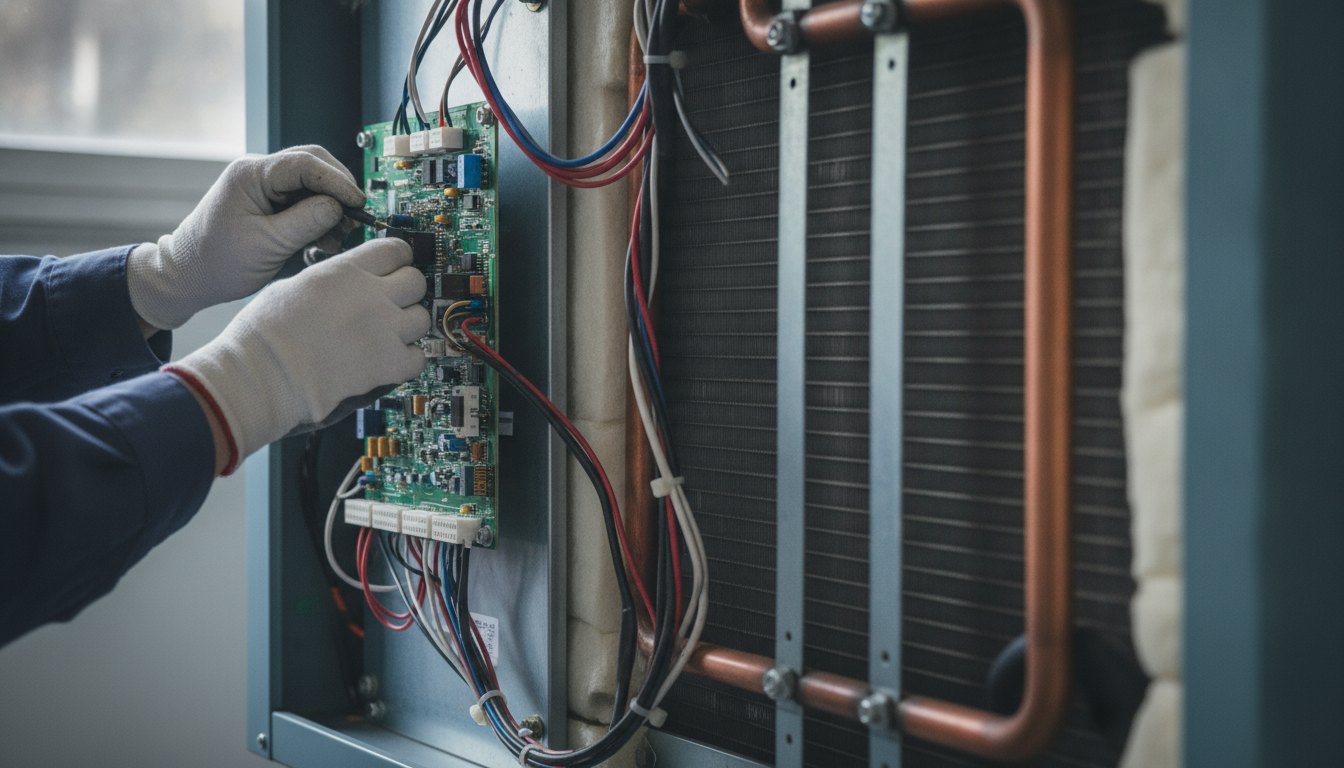 Técnico especializado com luvas examinando a placa eletrônica e os cabos de um aparelho condensador aberto.